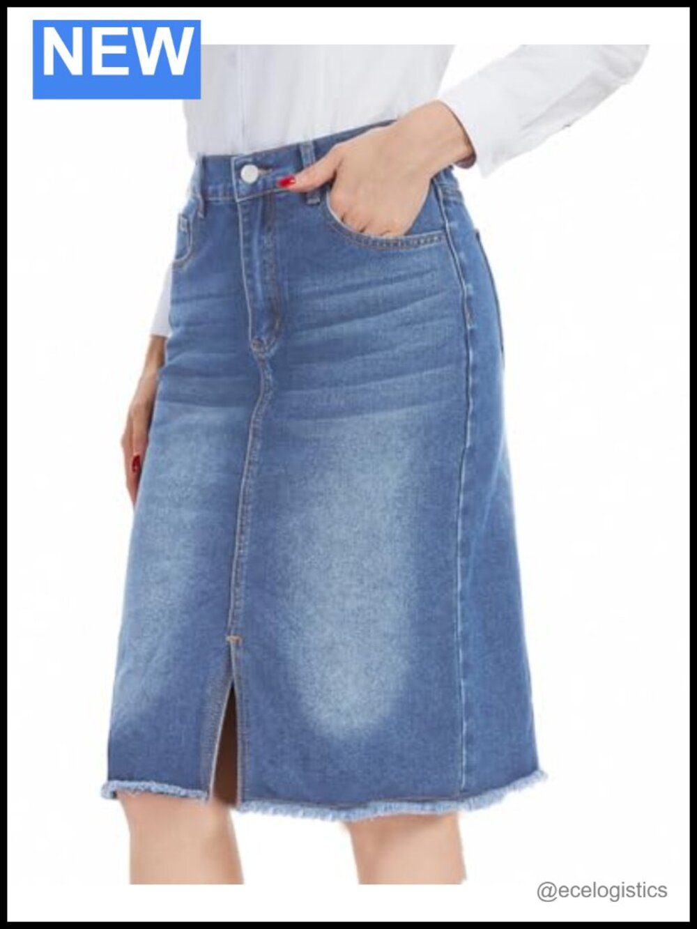MINTLIMIT Women's High Waist A-Line Midi Denim Skirt Raw Hem Front Slit